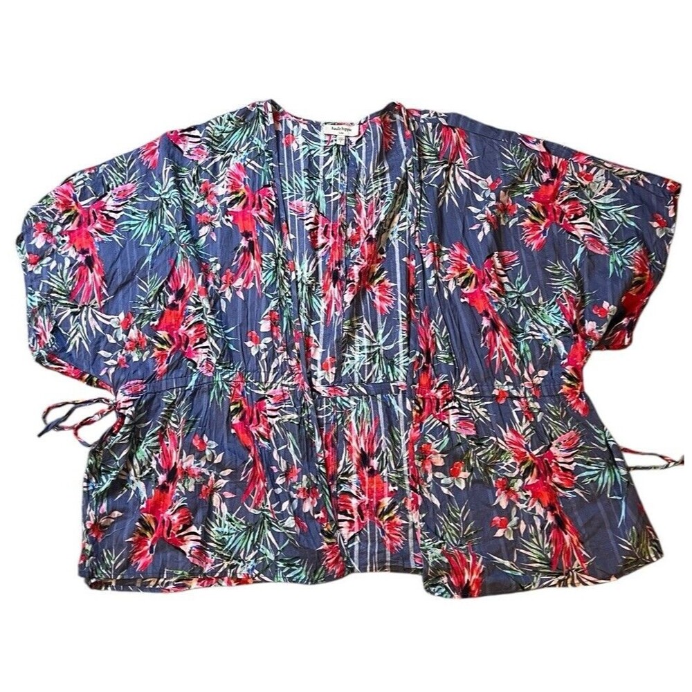 Haute Hippie Claire Blue Floral‎ Kimono Cover Up Tropical Bohemian Womens Sz L